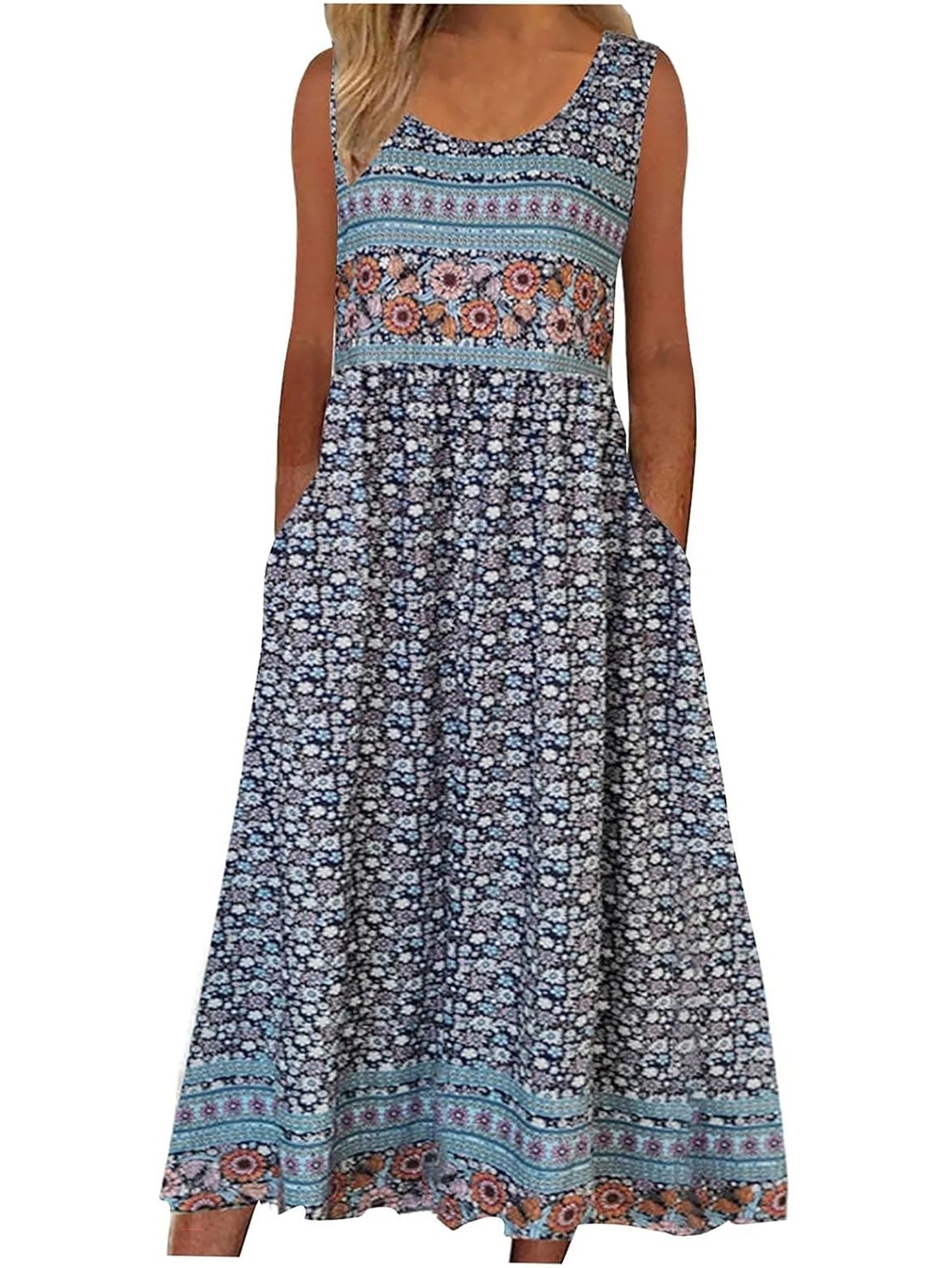 Women's Sleeveless Bohemian Floral Casual Beach Midi Sundress