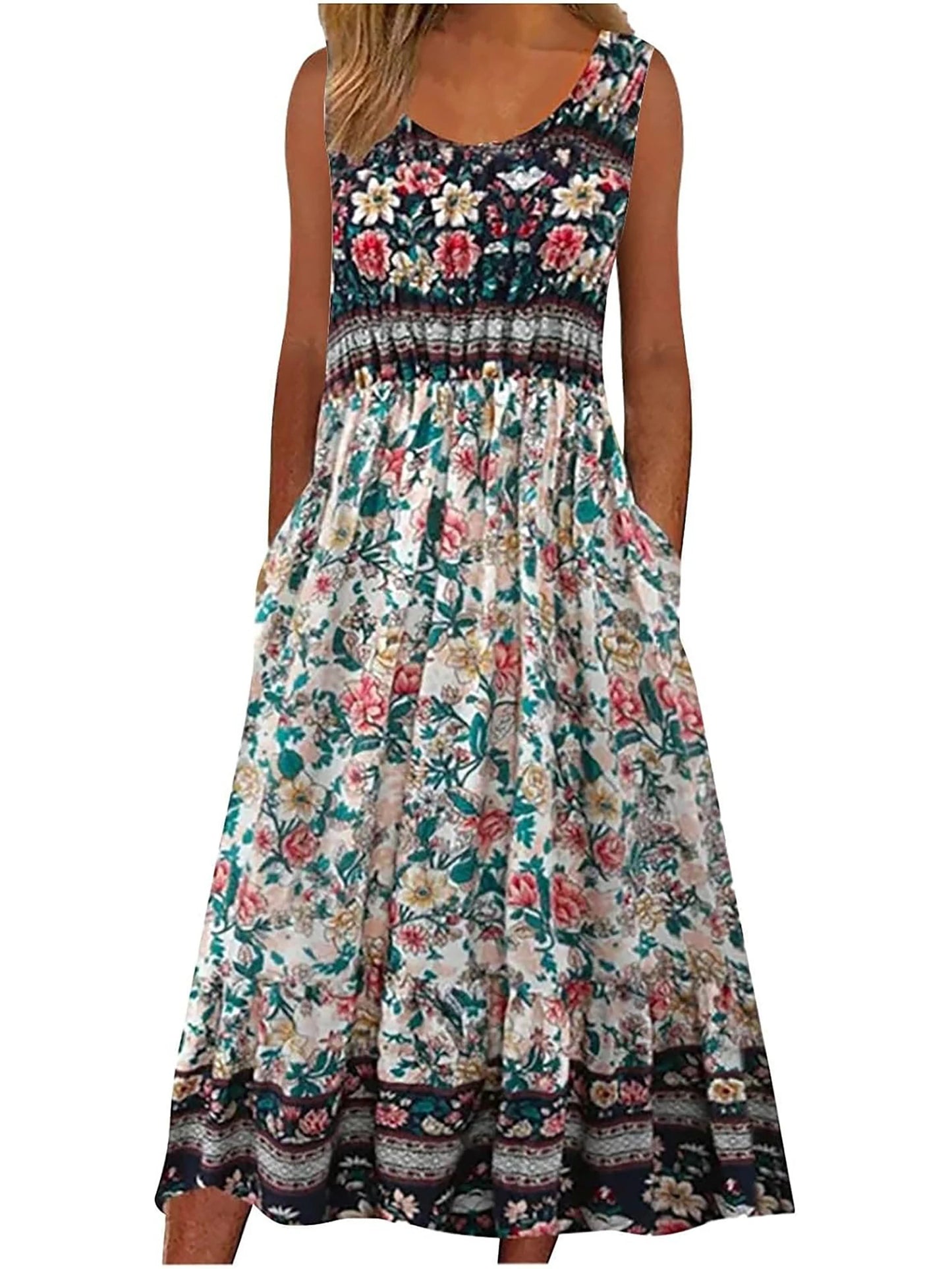 Women's Sleeveless Bohemian Floral Casual Beach Midi Sundress