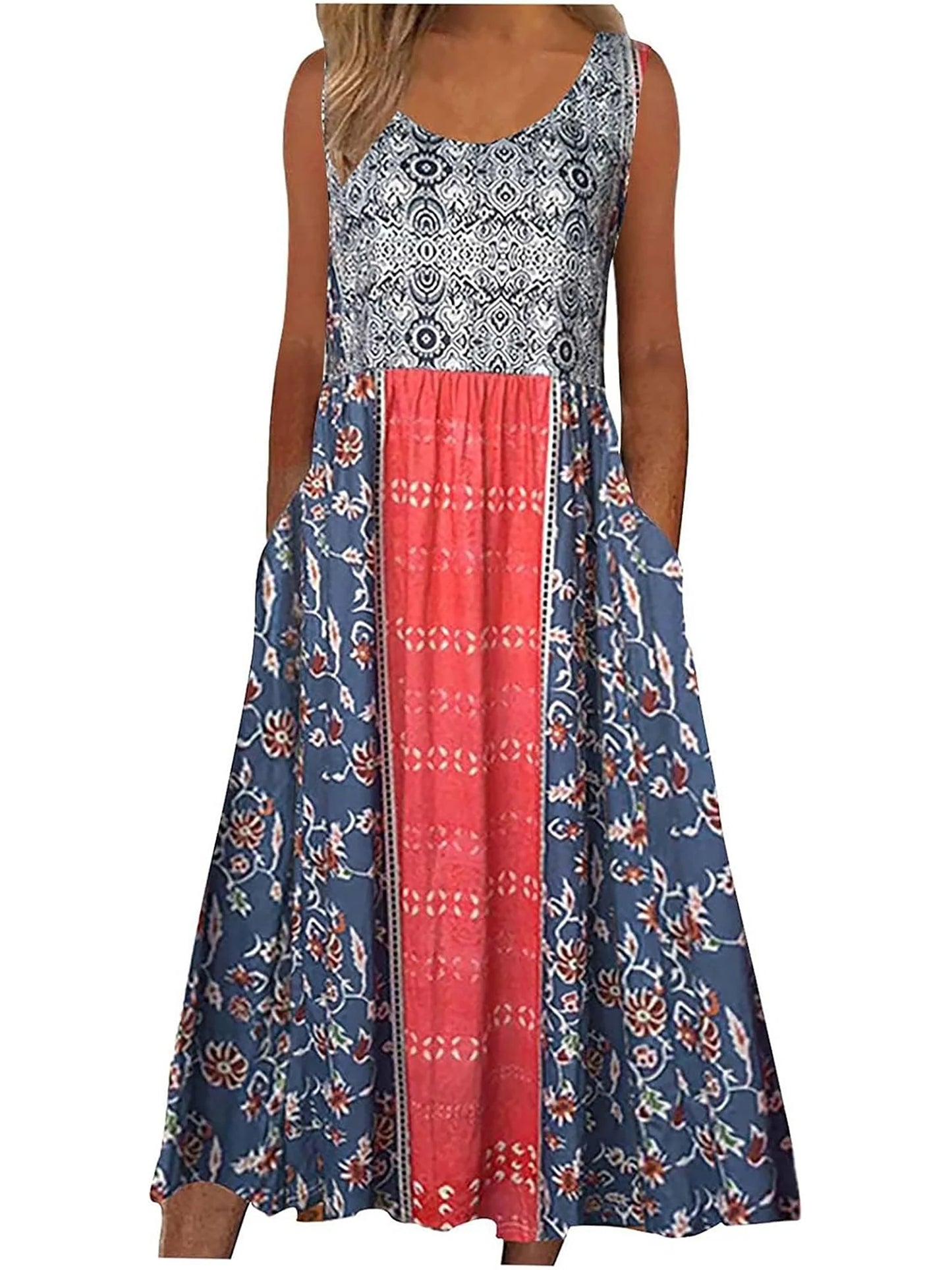 Women's Sleeveless Bohemian Floral Casual Beach Midi Sundress