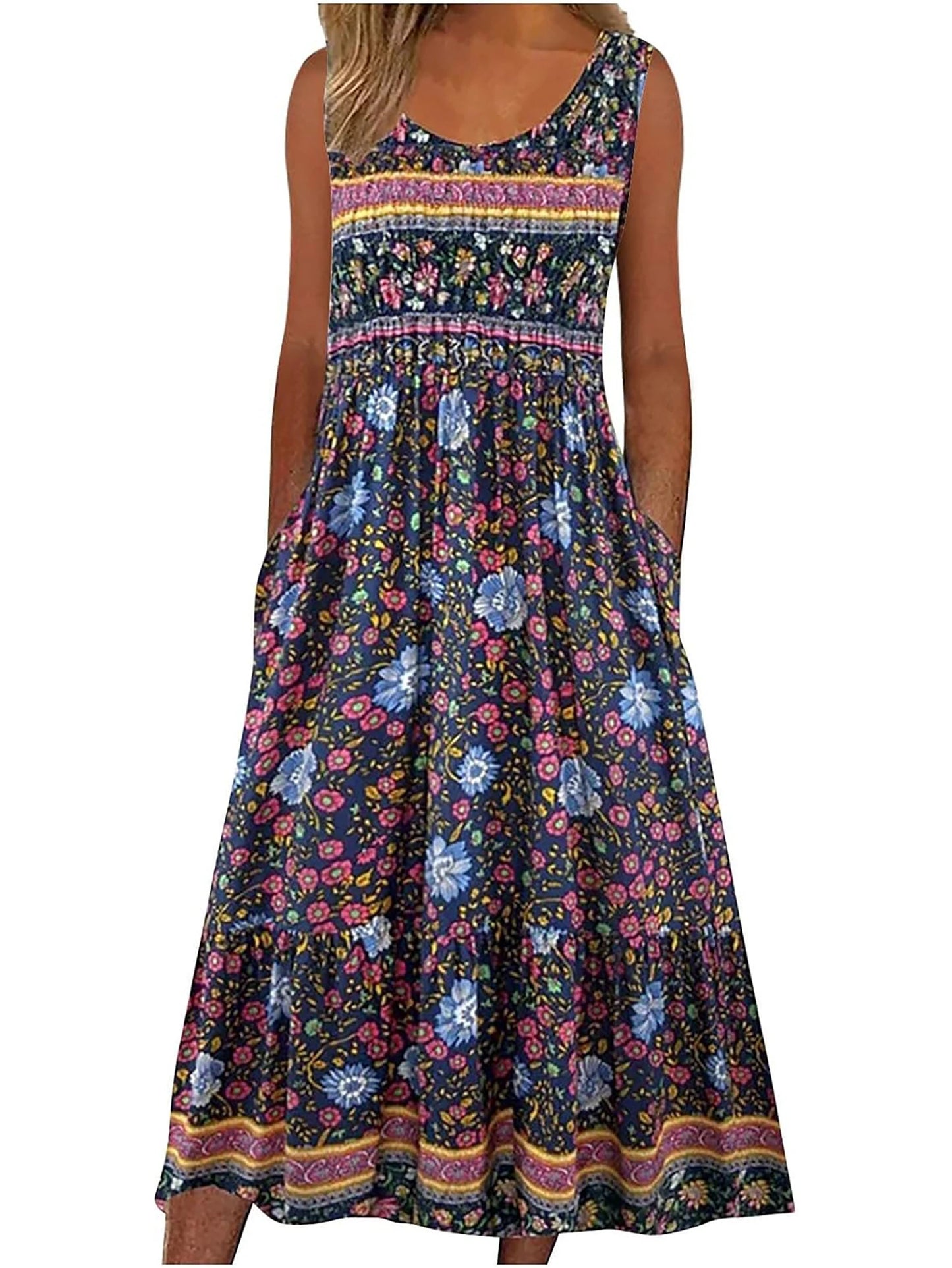 Women's Sleeveless Bohemian Floral Casual Beach Midi Sundress