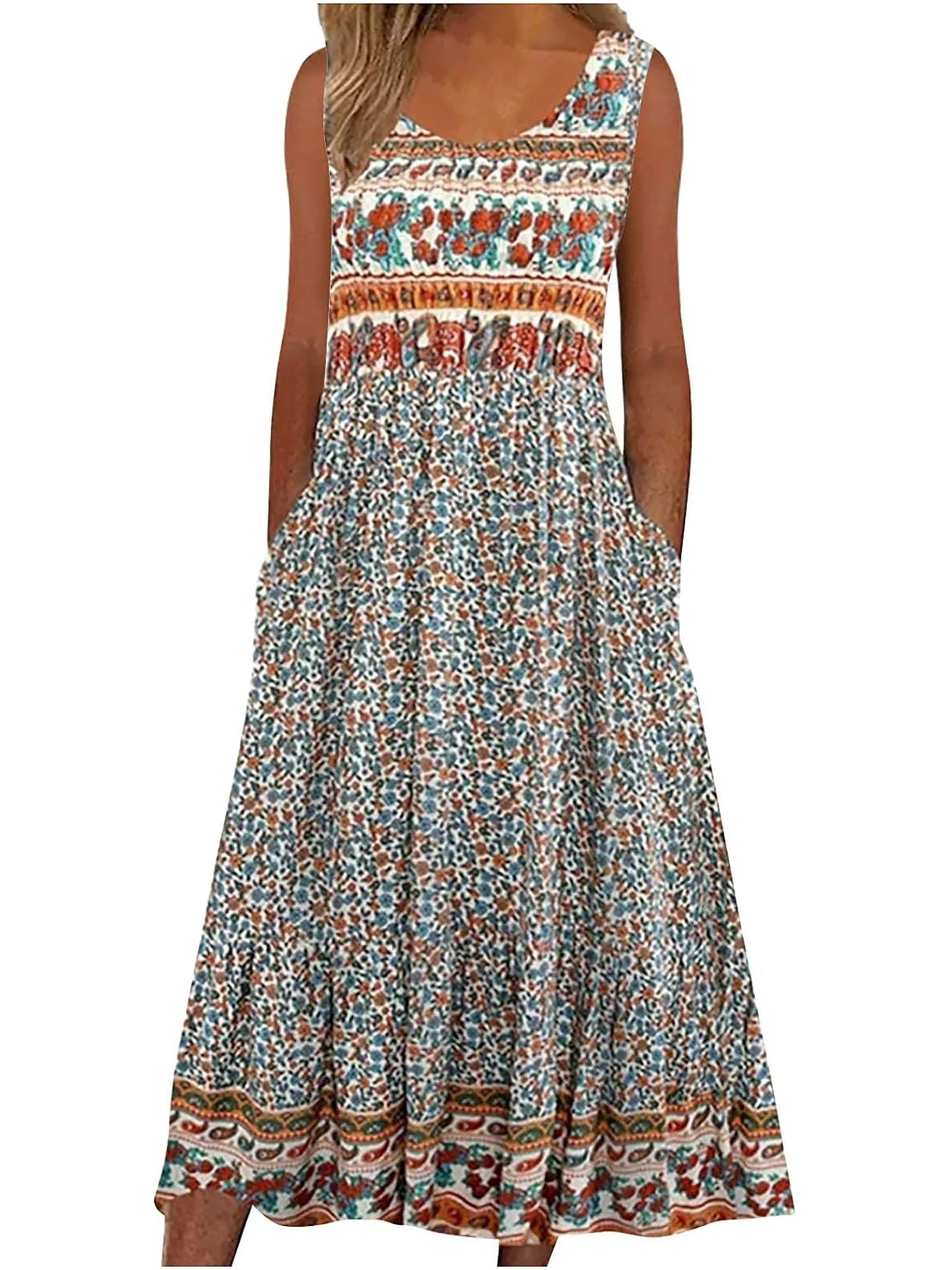 Women's Sleeveless Bohemian Floral Casual Beach Midi Sundress