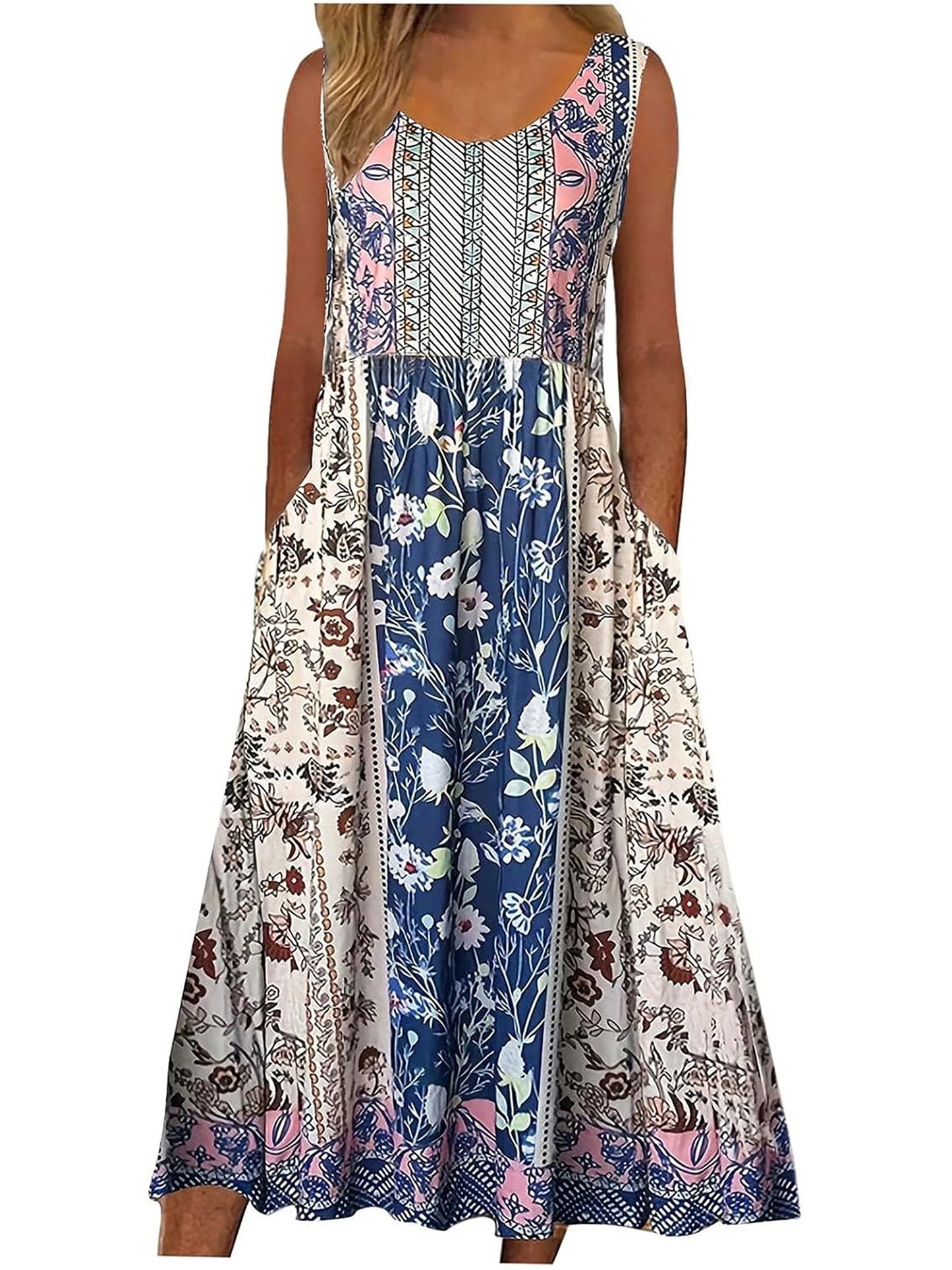 Women's Sleeveless Bohemian Floral Casual Beach Midi Sundress