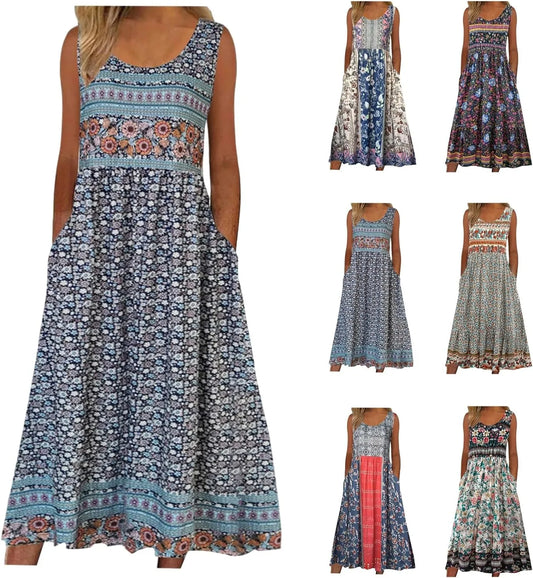 Women's Sleeveless Bohemian Floral Casual Beach Midi Sundress